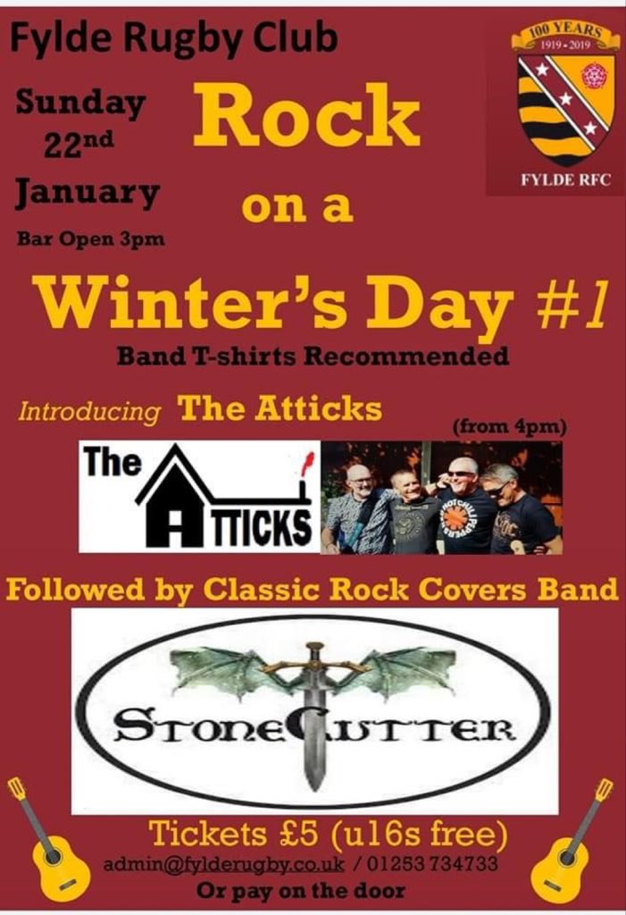 It’s getting closer ! @FyldeLadies present Rock on a Winters Day ,2 bands and dancing on a Sunday ! 22nd of January at Fylde Rugby Club. The bar opens at 3 pm. Tickets £5 #Comeondown. It will be warmer @fylderugby than in your house!!! @fyldehawks @FyldeSaracens @fyldevandals