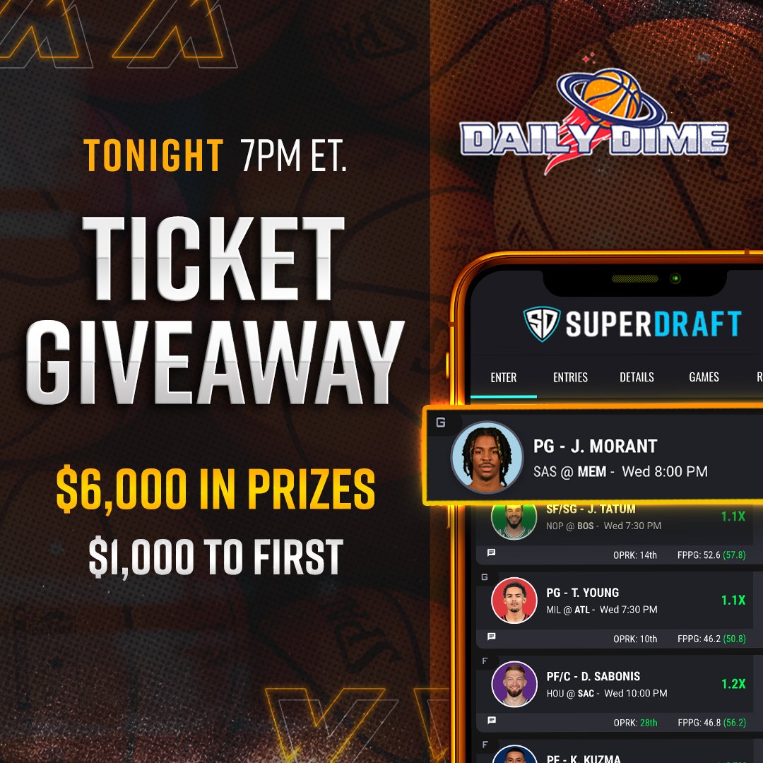 TICKET GIVEAWAY! 🏀 We're giving away 5 tickets! 1- Follow us✅,Retweet 🔁, and like this post👍 2- Comment who you think will be the highest-scoring player on the Slate! We'll choose 5 winners at 5PM ET