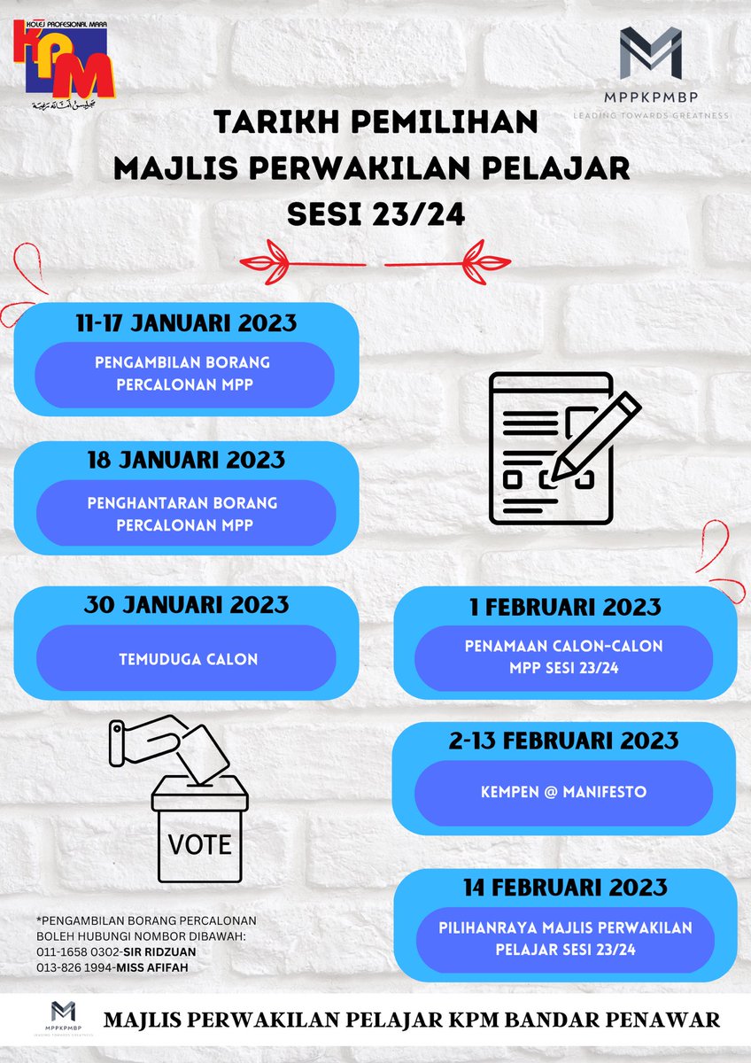 mppkpmbp_'s tweet photo. MPP SIDANG 2022/2023
Assalamualaikum dan Selamat Sejahtera

📌Berikut merupakan tarikh-tarikh penting sepanjang pemilihan Majlis Perwakilan Pelajar Sesi 23/24.

📌Diharapkan semua cakna terhadap tarikh-tarikh yang tertera diatas.
#leadingtowardsgreatness https://t.co/WHJProSPdC