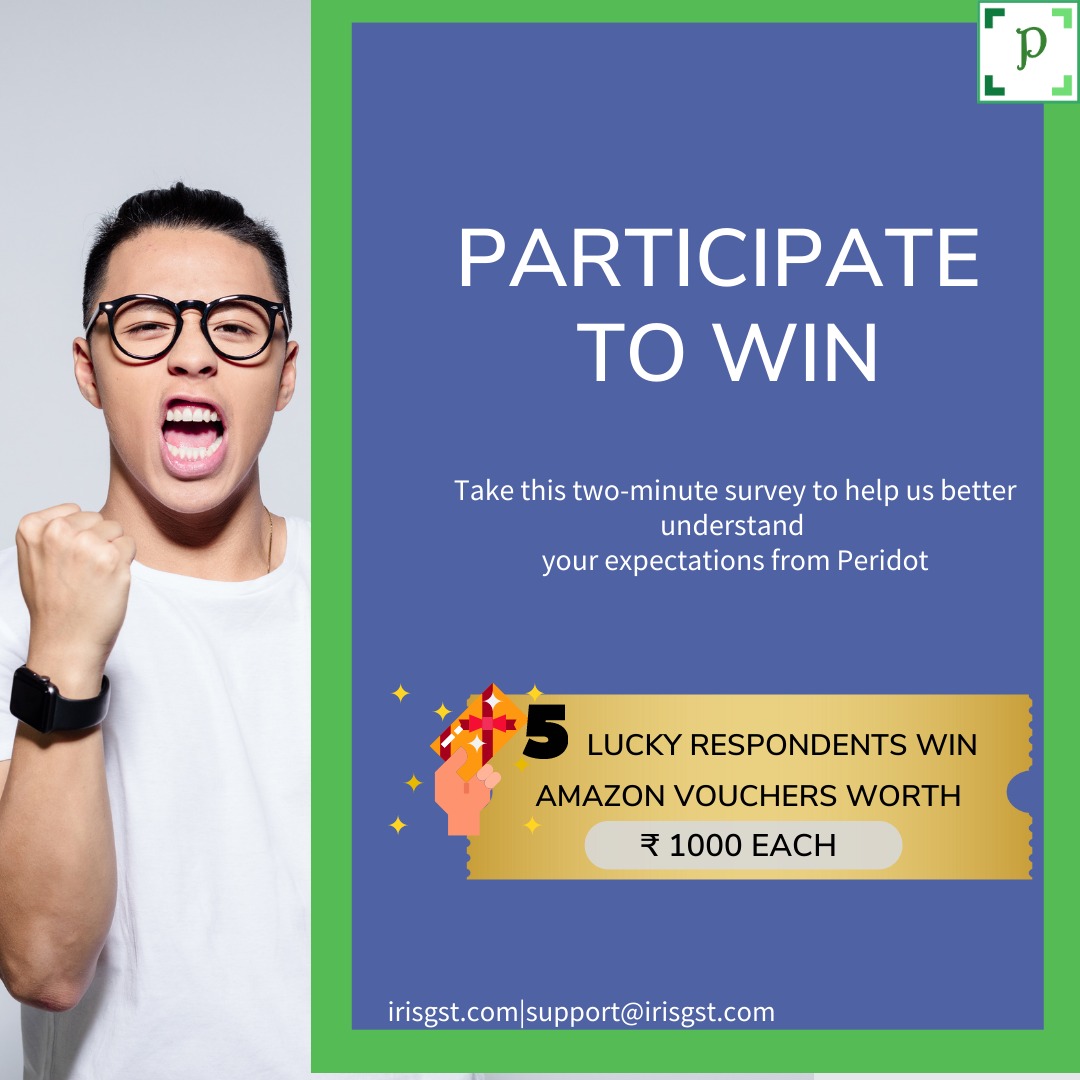 iris_peridot's tweet photo. Dear Peridoters,
In our constant effort to improve your Peridot, we need your little help!
Here is a quick survey to understand what more can Peridot offer to help you run your business smoothly.
Participate & win Amazon vouchers worth Rs.5000. https://t.co/hYdeRNAST0
#GSTApp https://t.co/1AYs2TuRyp