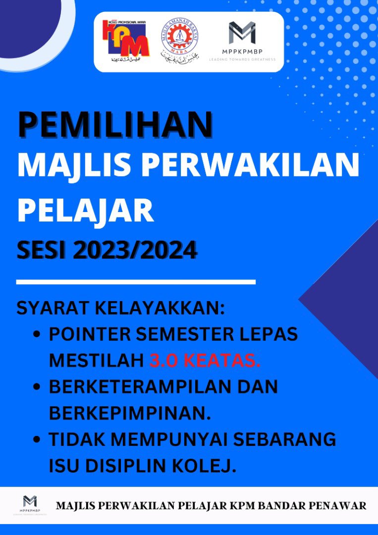 mppkpmbp_'s tweet photo. *MPP SIDANG 2022/2023*

📌 Majlis Perwakilan Pelajar 22/23 mencari pelajar yang berminat dalam menyertai organisasi Majlis Perwakilan Pelajar 23/24.

📌 Kepada yang ingin memohon untuk jawatan tersebut, anda dialu-alukan mengisi borang pencalonan.

#leadingtowardsgreatness https://t.co/YtscaYLmVQ