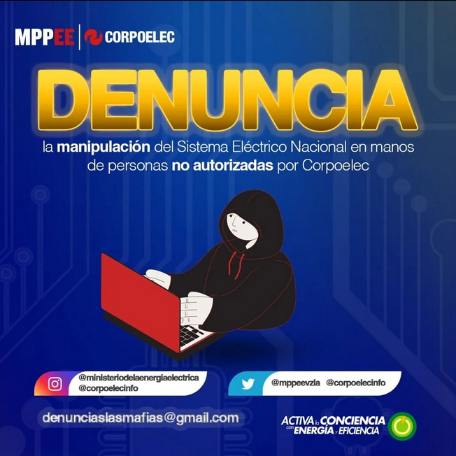 CorpoeleMiranda's tweet photo. Denuncia la manipulación del Sistema Eléctrico Nacional en manos de personas no autorizadas por #Corpoelec

📱denunciaslasmafias@gmail.com

📱 Twitter:
@mppeevzla
@CorpoelecInfo
 
📱 Instagram: 
ministeriodelaenergiaelectrica
corpoelecinfo https://t.co/asx3D0rHIw