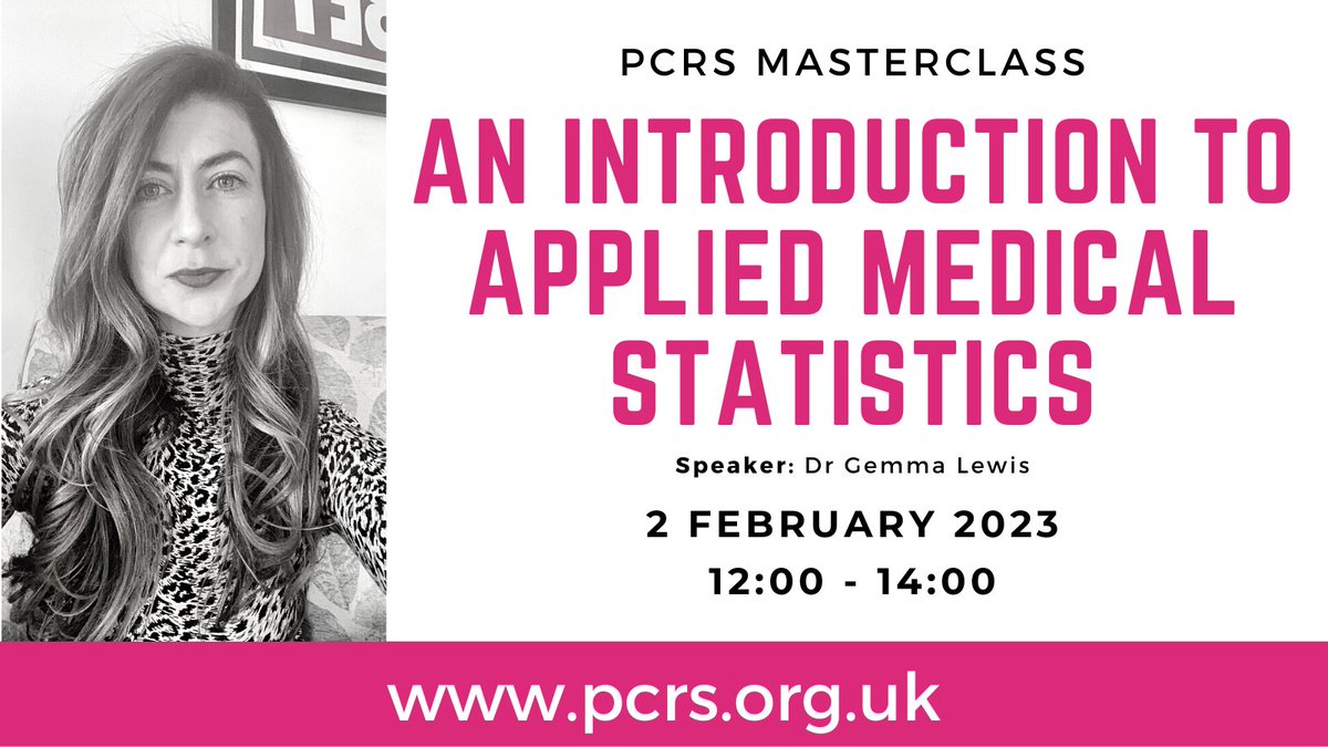 PCRS (@pcrscommittee) on Twitter photo Join us for the first PCRS event of the year
2 February 2023
Masterclass: An Introduction to applied medical statistics with Dr Gemma Lewis
👇👇👇
pcrs.org.uk/events/masterc… Join us for the first PCRS event of the year
2 February 2023
Masterclass: An Introduction to applied medical statistics with Dr Gemma Lewis
👇👇👇
pcrs.org.uk/events/masterc…