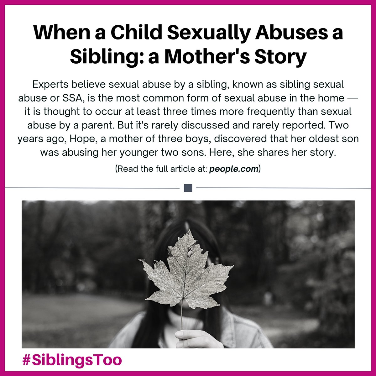 A mother of three shares her family's agonizing journey after discovering her son was sexually abusing her other two sons. Her oldest underwent an 18-month treatment program.

Read the full story: bit.ly/3Ih5dA8

#SiblingsToo #notchildsplay #SSA #SSAresearch