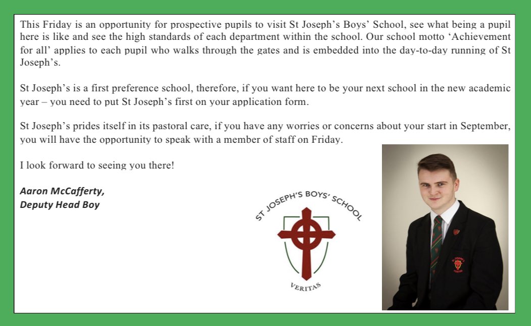 StJosephsPLT's tweet photo. 🟢| A message from Deputy Head Boy, Aaron McCafferty, ahead of Open Day 2023.

@StJosephsDerry https://t.co/HHaHYowoyw