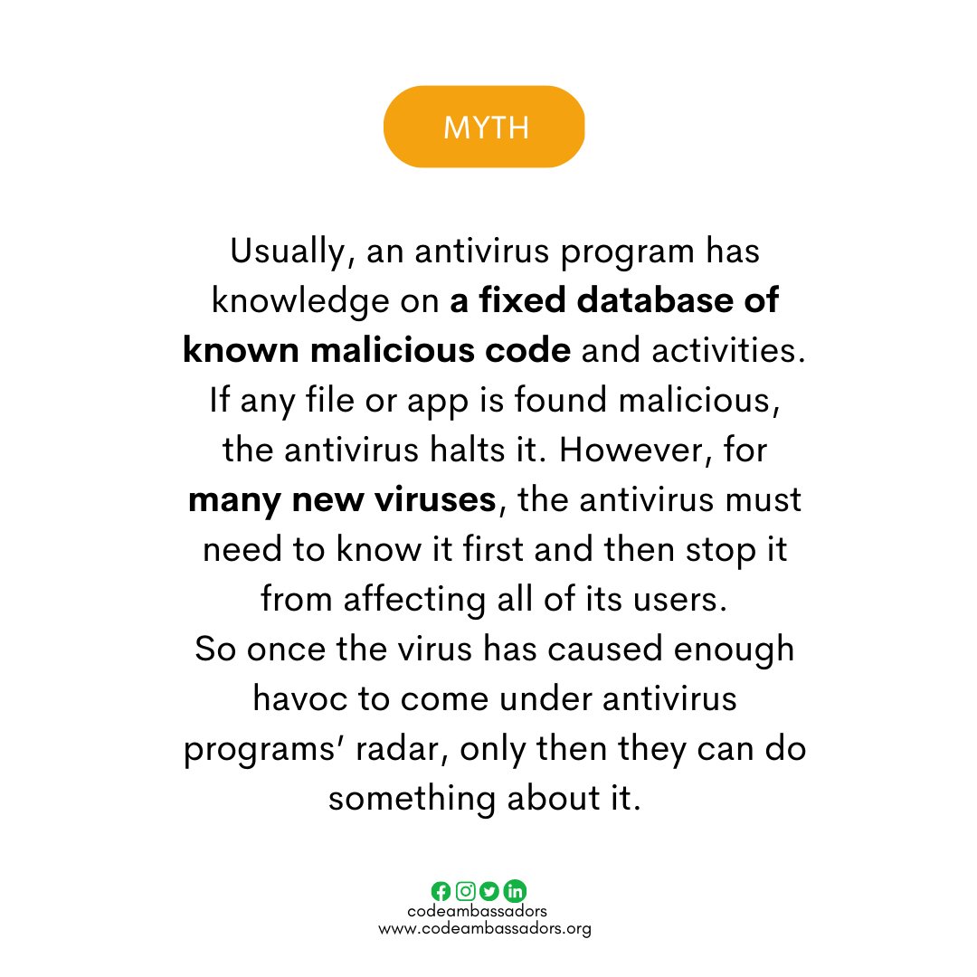 codeambassadors's tweet image. Antivirus programs can take care of all types of viruses and will protect you even from the mates threats is A MYTH.

Source: hongkiat.com
.
.
.
.
#codeambassadors
#privatecodinglessons
#weekendcodingclass #codingbootcamp #codingforbeginners
