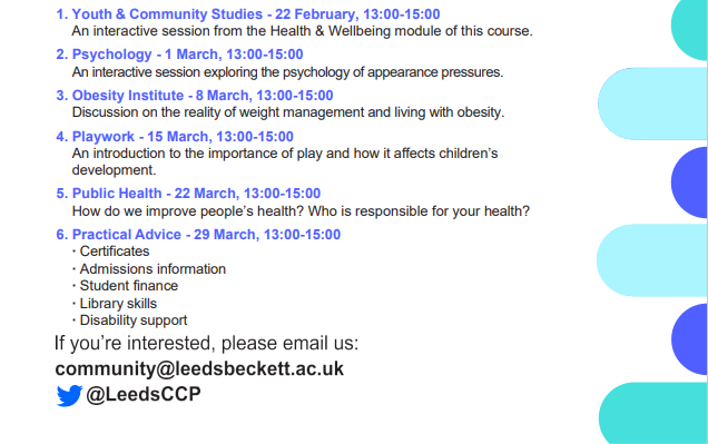 LeedsCCP's tweet photo. You can now register for the Community Learning Course! There are 6 x 2-hour sessions which introduce you to different university courses.  It's free, we provide tea, biscuits, bus tickets and a certificate at the end.  Contact us: community@leedsbeckett.ac.uk https://t.co/e8RNrR7s2p