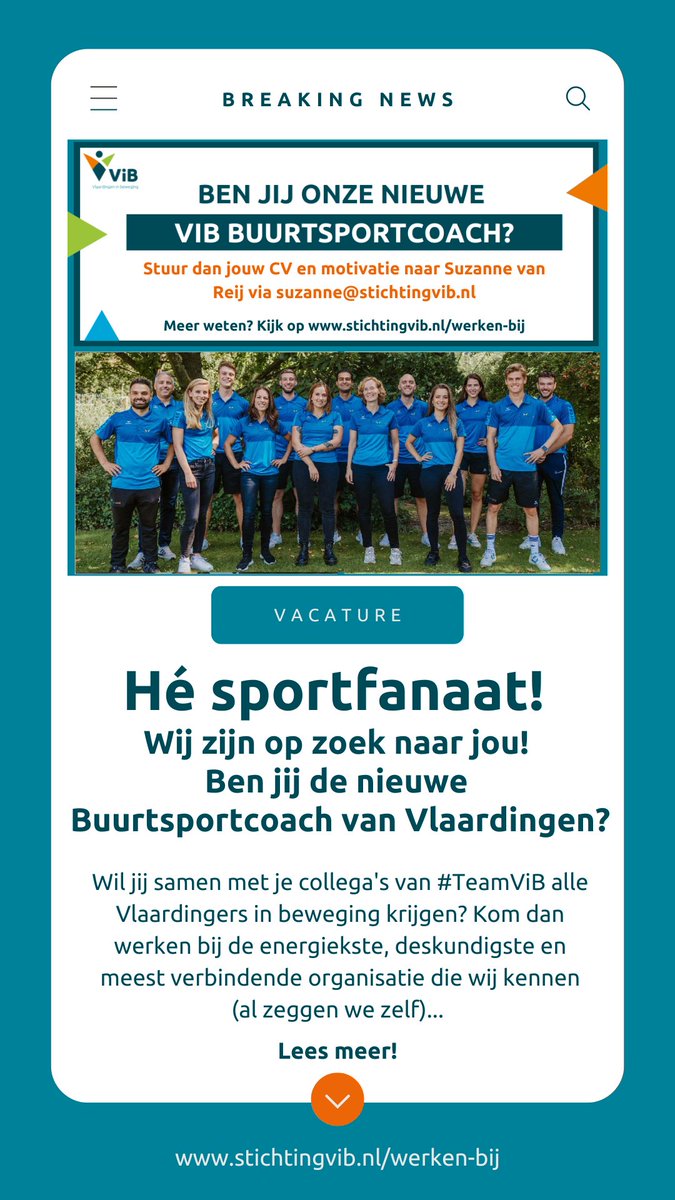 Vacature alert! Ben jij de nieuwe Buurtsportcoach van Vlaardingen? Ga naar lnkd.in/eTj3szi9 en solliciteer voor 31 januari. Misschien hoor jij binnenkort bij #TeamViB! #Deskundig #Verbindend #Energiek