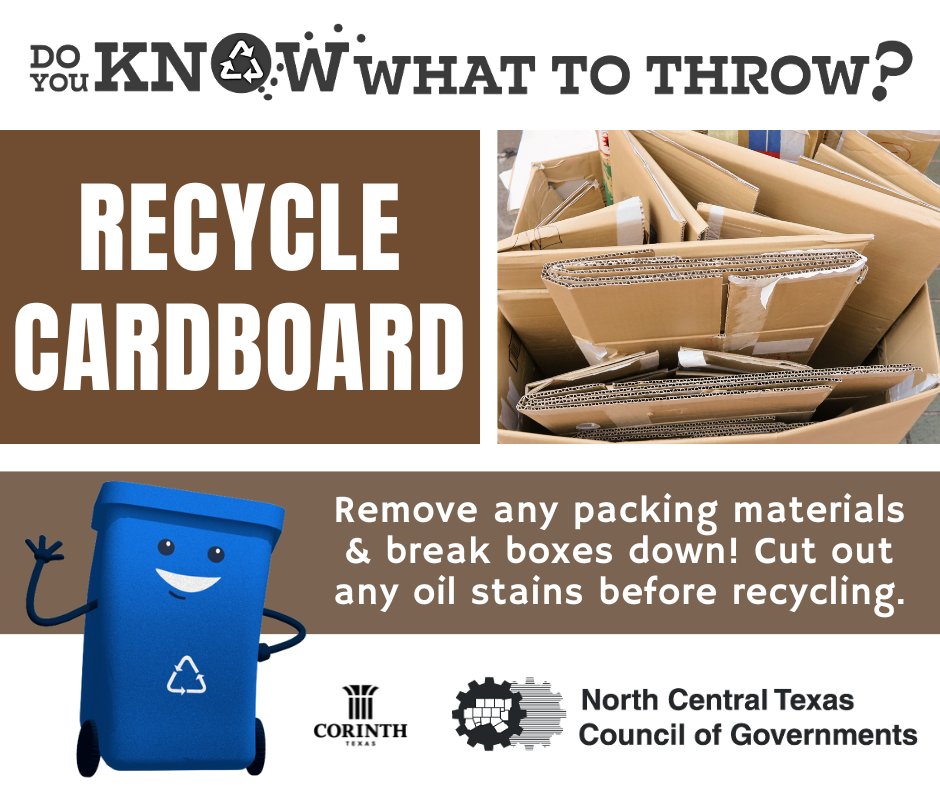 CityofCorinth's tweet image. Are you wondering what to do with all of the cardboard boxes laying around after the holidays? Clean, dry, and flattened cardboard boxes can be recycled. Make sure to cut out any oil stains before recycling! #KnowWhatToThrow