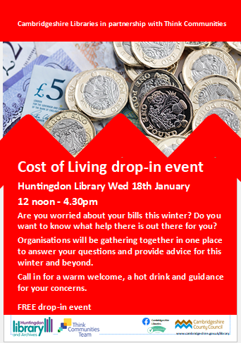 CAPA5P's tweet photo. Pop over to  Huntingdon Library between 12-4.30 pm next Wednesday 18th January for a cost of living drop-in.
CAPASP will be there as well as lots of other organisations with advice to help us this winter and beyond.
Come along for a warm welcome &amp; a hot drink! @TC_Hunts @cambslib https://t.co/yW4oefIWMx