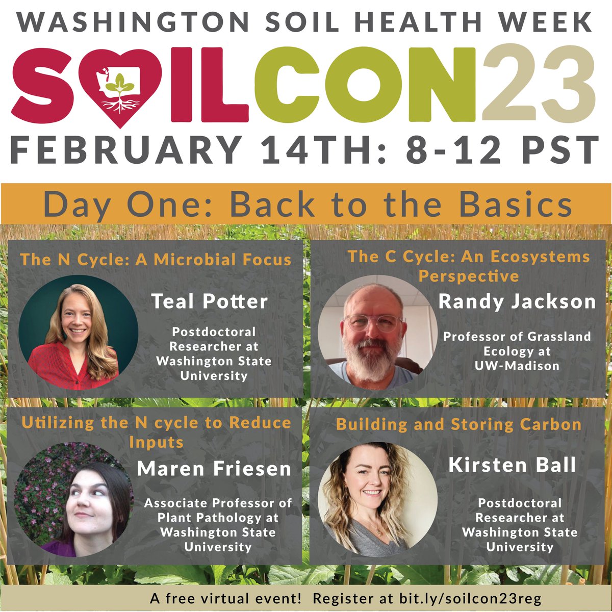 Washington Soil Health Initiative (@wasoilhealth) on Twitter photo We are going back to the #soilhealth basics this year for #WaSoilCon.
Dive into the carbon and nitrogen cycles with <a href="/teal_soil/">Teal S Potter</a>, <a href="/JacksonRD/">jackson dossett</a>, <a href="/symbiomics/">Maren🦔Friesen</a>, and <a href="/KirstenbCNP/">Kirsten B PhD</a> on day 1.
Register for free here: bit.ly/soilcon23reg We are going back to the #soilhealth basics this year for #WaSoilCon.
Dive into the carbon and nitrogen cycles with <a href="/teal_soil/">Teal S Potter</a>, <a href="/JacksonRD/">jackson dossett</a>, <a href="/symbiomics/">Maren🦔Friesen</a>, and <a href="/KirstenbCNP/">Kirsten B PhD</a> on day 1.
Register for free here: bit.ly/soilcon23reg