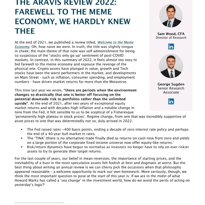 Read the latest research note from Sam Wood, CFA, George Sugden ⬇️.

𝐏𝐑𝐈𝐍𝐓 | 𝐃𝐎𝐖𝐍𝐋𝐎𝐀𝐃 araviscapital.com/news

𝘛𝘩𝘪𝘴 𝘪𝘴 𝘢 𝘮𝘢𝘳𝘬𝘦𝘵𝘪𝘯𝘨 𝘤𝘰𝘮𝘮𝘶𝘯𝘪𝘤𝘢𝘵𝘪𝘰𝘯. 

#2022yeaendreview
#research