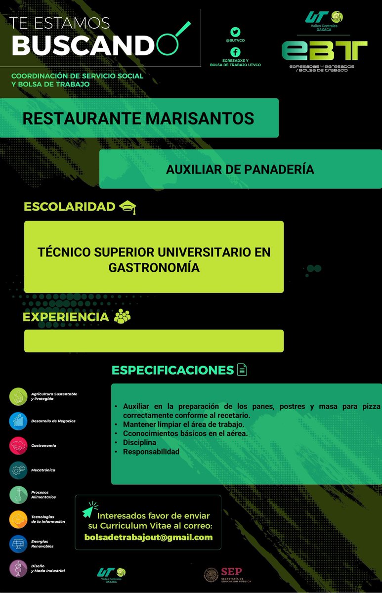 BUtvco's tweet photo. En MariSantosRestaurante 
TE ESTAMOS BUSCANDO 👩‍🍳🧑‍🍳
🔹Pro-activo.
🔹Disciplina.
🔹Responsable.
🔹Prestaciones de Ley.
🔹Experiencia no requerida.
✍ Interesados mandar su C.V. a bolsadetrabajout@gmail.com
@gastroutvco 
@utvco https://t.co/FnGXw71PLi
