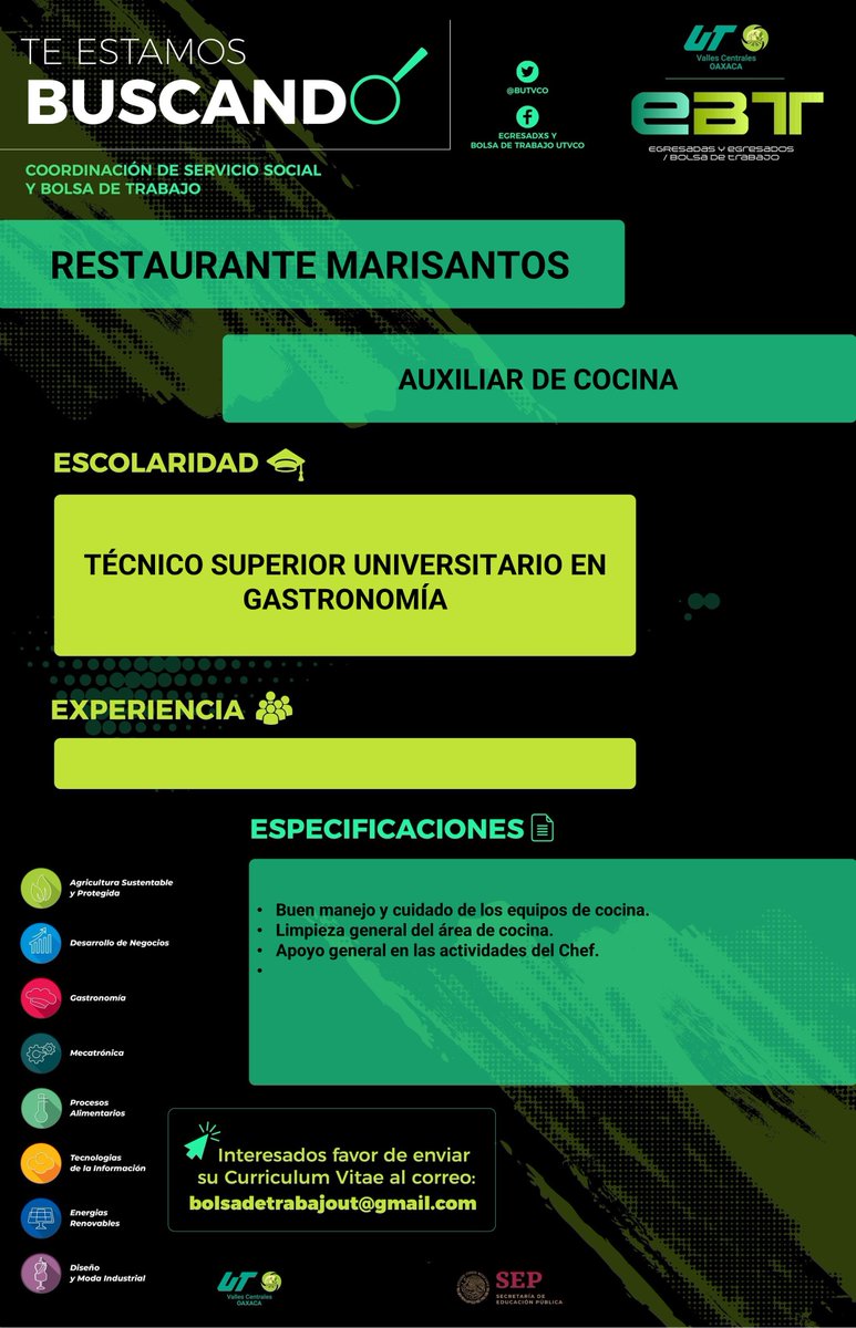 BUtvco's tweet photo. En MariSantosRestaurante 
TE ESTAMOS BUSCANDO 👩‍🍳🧑‍🍳
🔹Pro-activo.
🔹Disciplina.
🔹Responsable.
🔹Prestaciones de Ley.
🔹Experiencia no requerida.
✍ Interesados mandar su C.V. a bolsadetrabajout@gmail.com
@gastroutvco 
@utvco https://t.co/FnGXw71PLi