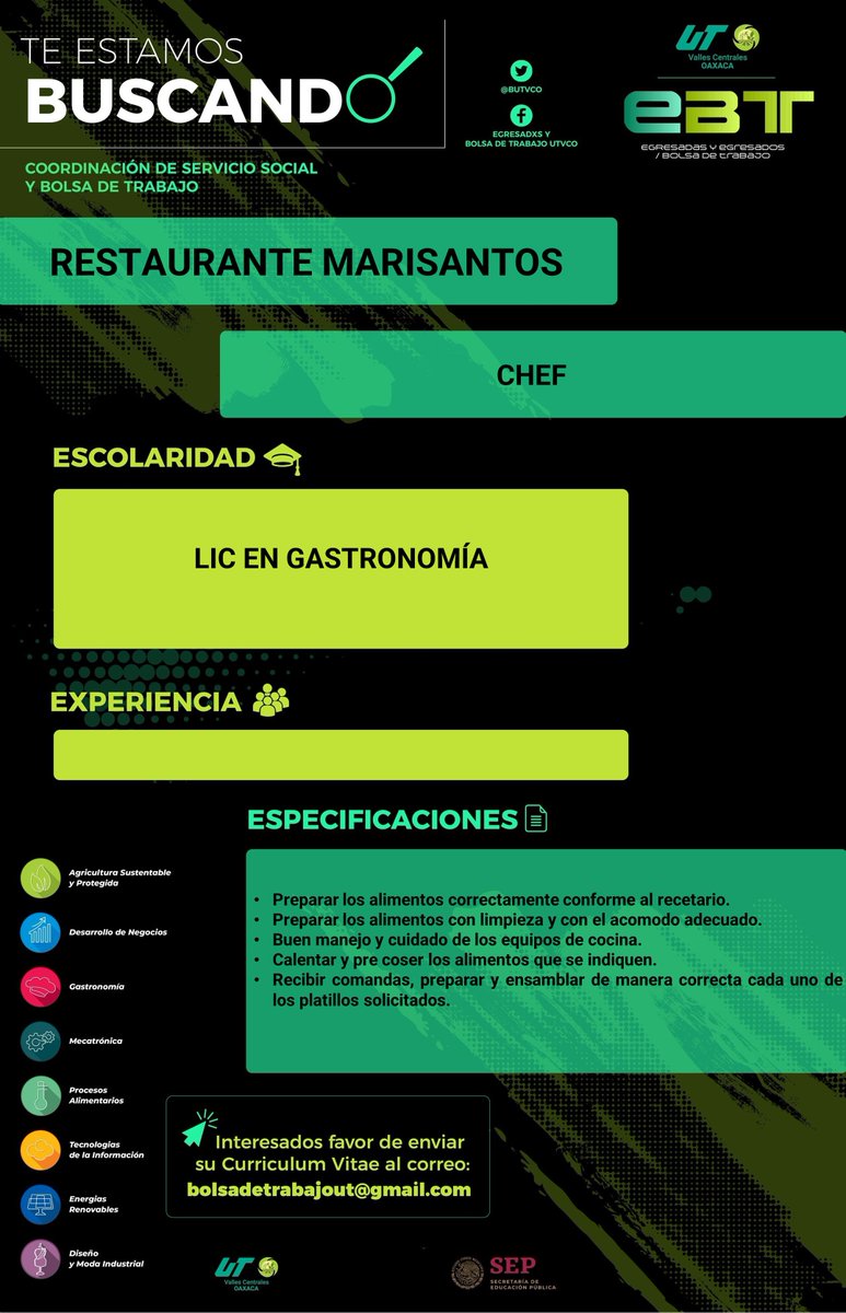 BUtvco's tweet photo. En MariSantosRestaurante 
TE ESTAMOS BUSCANDO 👩‍🍳🧑‍🍳
🔹Pro-activo.
🔹Disciplina.
🔹Responsable.
🔹Prestaciones de Ley.
🔹Experiencia no requerida.
✍ Interesados mandar su C.V. a bolsadetrabajout@gmail.com
@gastroutvco 
@utvco https://t.co/FnGXw71PLi