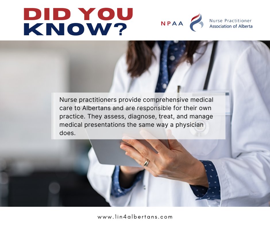 Interested in attending Saturday's One-Stop Nurse Practitioners pop-up clinic in #yyc but want to learn more about who NPs are?

Visit 1in4albertans.com to learn more about our profession.

Book an appointment: medimap.ca/clinics/walk-i… or call 587-578-9189.