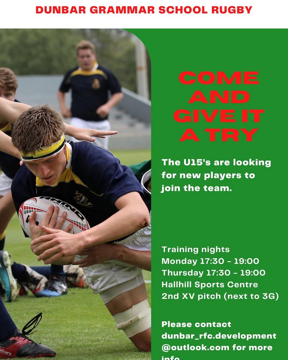 DunbarSOR's tweet photo. Thinking about playing rugby and are aged 14 and 15. Come and train with the Under 14s and Under 15s at Hallhill! 
See post below for details #RISE  🔴⚪️🟢
@dgs_sport @CSlowther @scotrugbycoach @DunbarRfc https://t.co/M1GCcit18Z