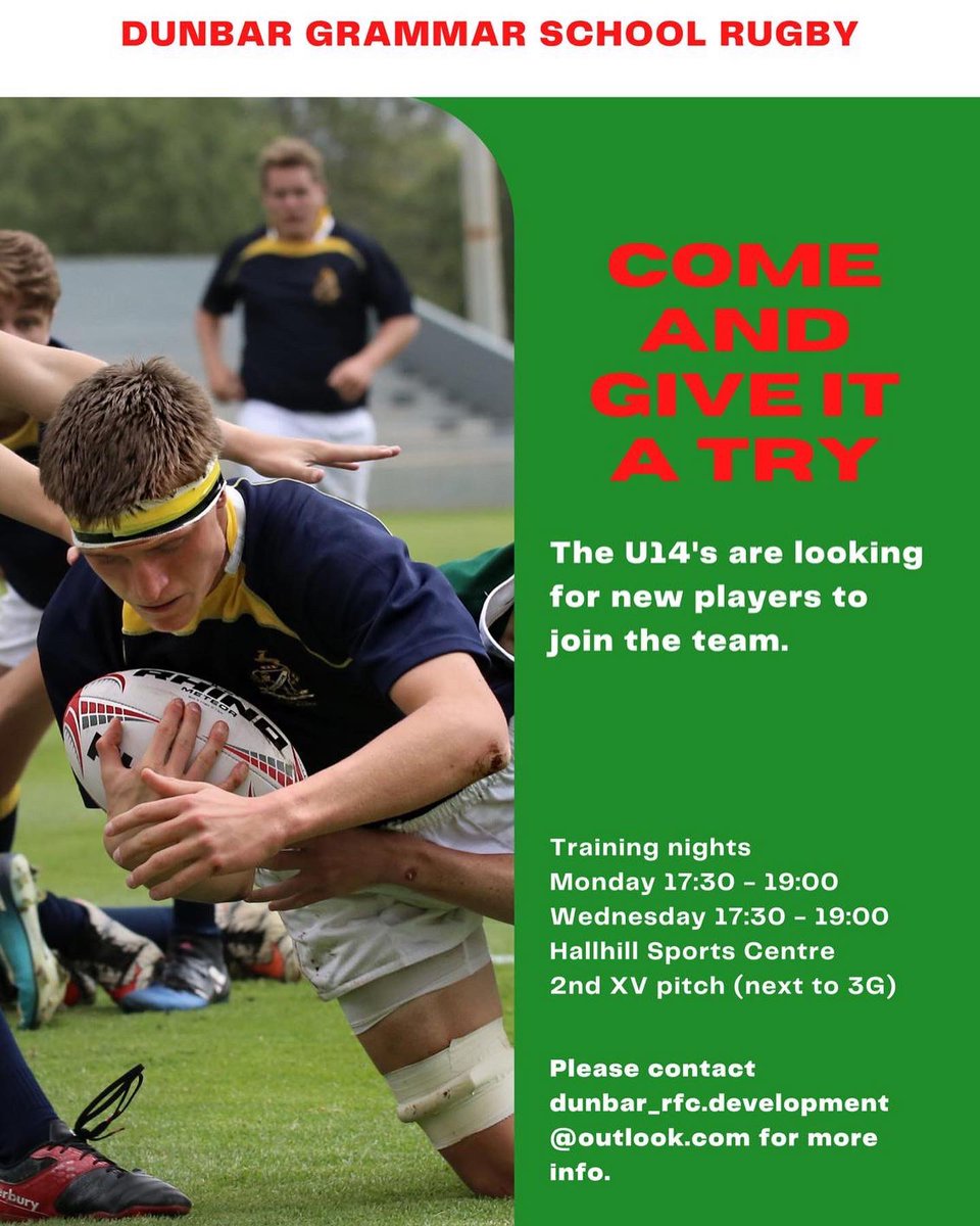 DunbarSOR's tweet photo. Thinking about playing rugby and are aged 14 and 15. Come and train with the Under 14s and Under 15s at Hallhill! 
See post below for details #RISE  🔴⚪️🟢
@dgs_sport @CSlowther @scotrugbycoach @DunbarRfc https://t.co/M1GCcit18Z