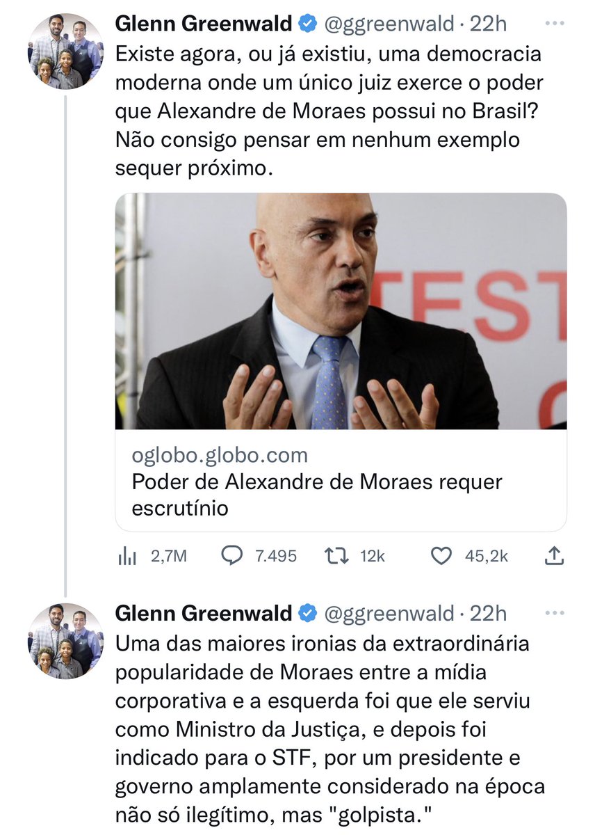 Pavinatto's tweet photo. .@ggreenwald fez a pergunta mais cruel ao seu público: pode um ministro “golpista” julgar golpistas?

A validade jurídica da primeira parte do texto é certa.

Quanto a segunda parte: Moraes é um Ministro legitimamente nomeado, mas a validade dos argumentos dos progressistas não. https://t.co/29ZwMAbxhg