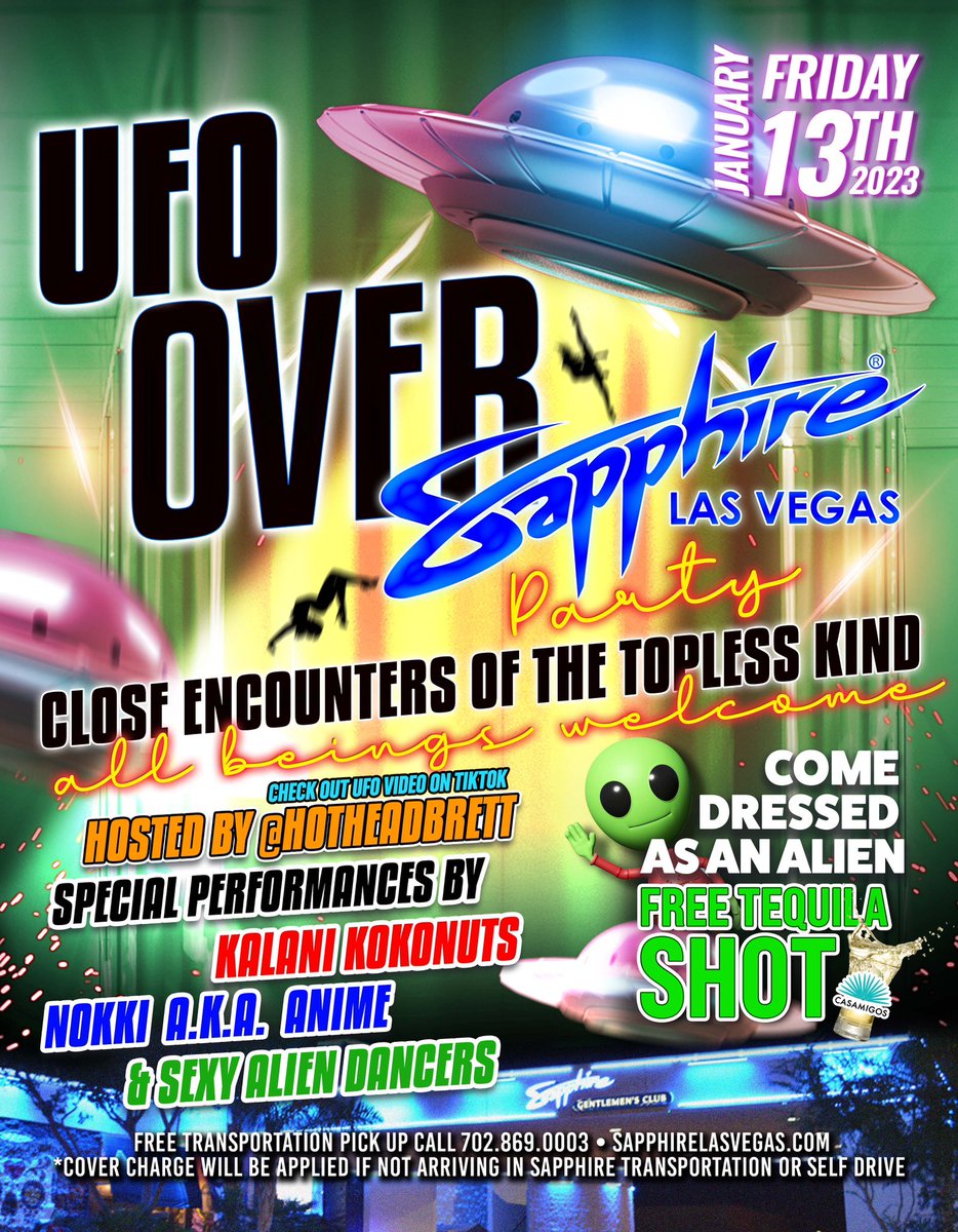 HotHeadBrett's tweet photo. The #UFO Over @SapphireLV702 #Party THIS FRI 13TH! The #Aliens have arrived and are demanding to dance! We will comply! We will comply! We will comply! 👽💃🏽 https://t.co/ye3ArtrY6p