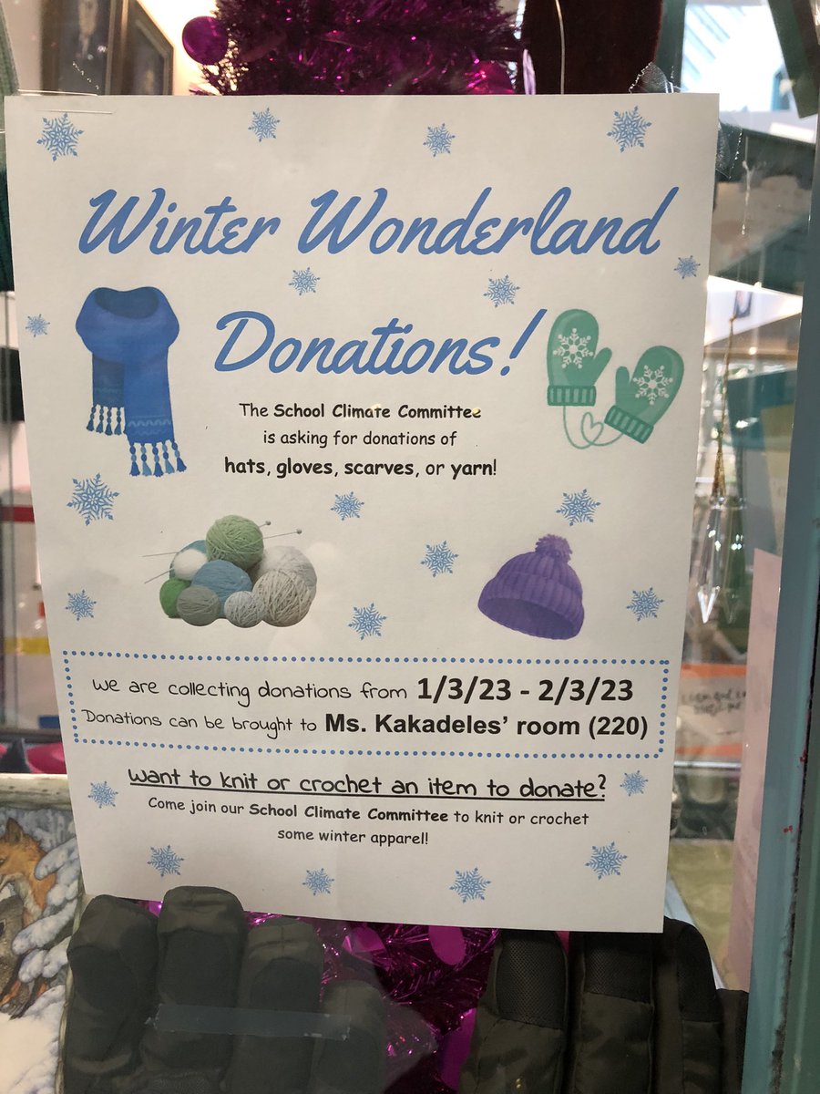 Thank you for the donation of hats, scarves, gloves and yarn. The School Climate Committee will be collecting them until 2/3/23. @SMS_CT