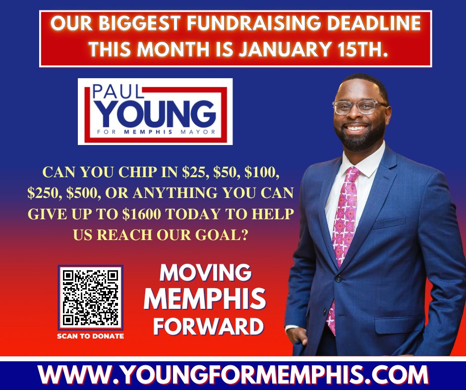 Only 4 days left until our biggest fundraising deadline of the month on January 15th! Every dollar counts and can make a huge impact. 

Can you chip in $25, $50, $100, $250, $500, or even up to $1600 today to help us reach our goal? 

secure.anedot.com/friends-of-pau…

#YoungForMemphis
