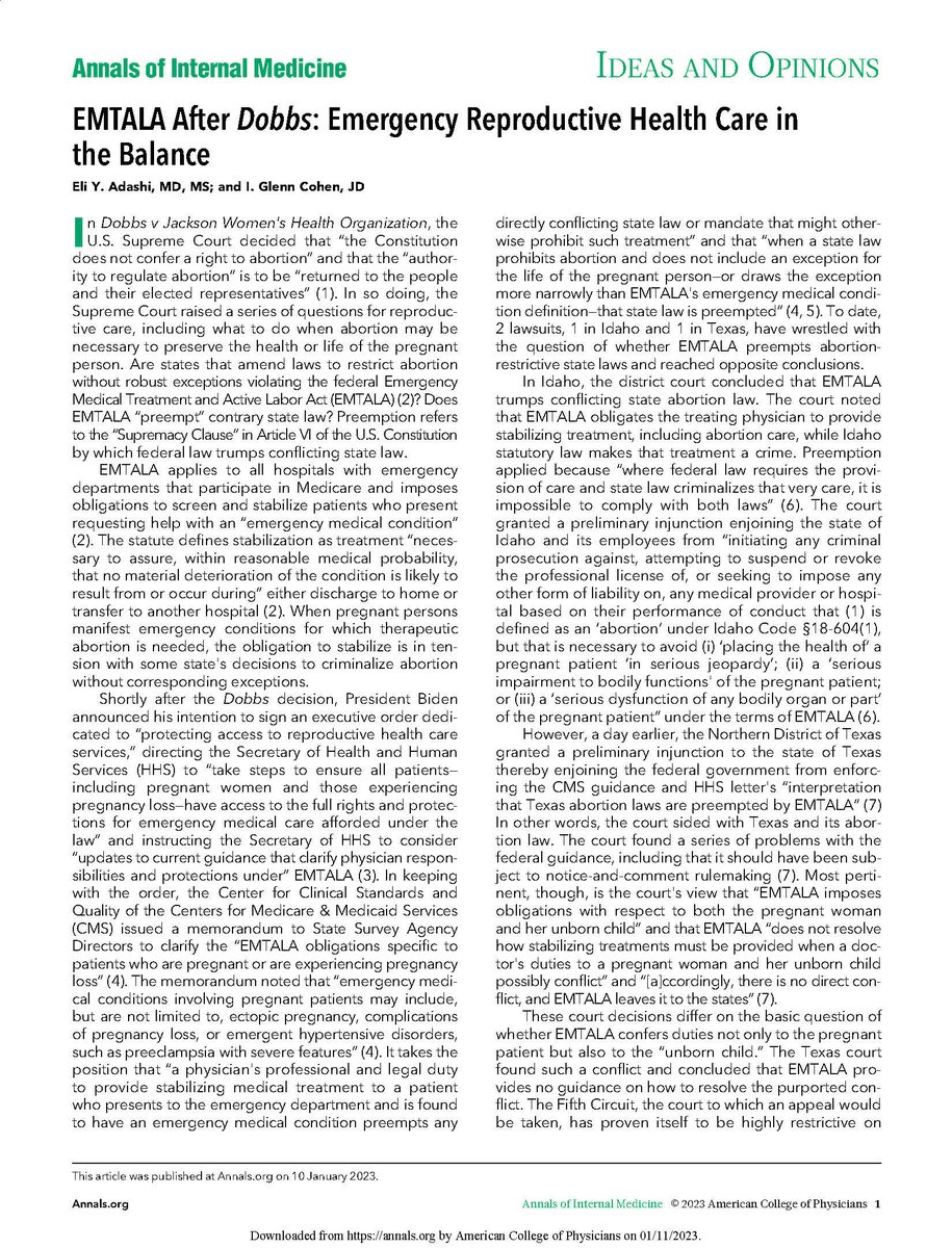 AnnalsofIM's tweet image. In a new #IdeasAndOpinions, @CohenProf and @eadashi discuss the possible impacts of #EMTALA on at-risk pregnant persons in states with limited or no access to #abortion procedures: ow.ly/6kup50Mo0NY