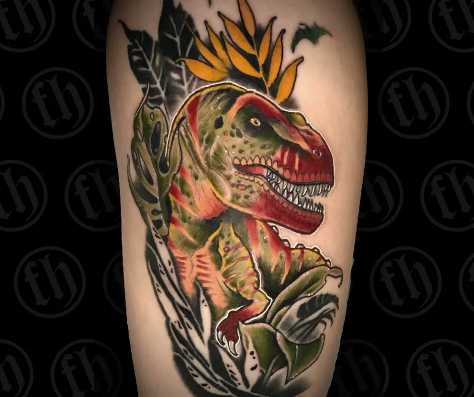 Super bright T-Rex by Mr. Cullen! #dinosaurtattoo #coloradosprings #woodlandpark #dinosaur