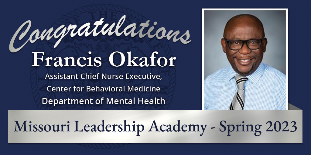 MentalHealthMO's tweet photo. Congratulations to #TeamDMH member FRANCIS OKAFOR, Asst. Chief Nurse Executive, Center for Behavioral Medicine,  &amp; participant in the #MOLeadershipAcademy! His knowledge and passion for helping others will be a great asset to fellow MLA members
#DMHProud
#WeServeMissouri https://t.co/rwwP77KVae