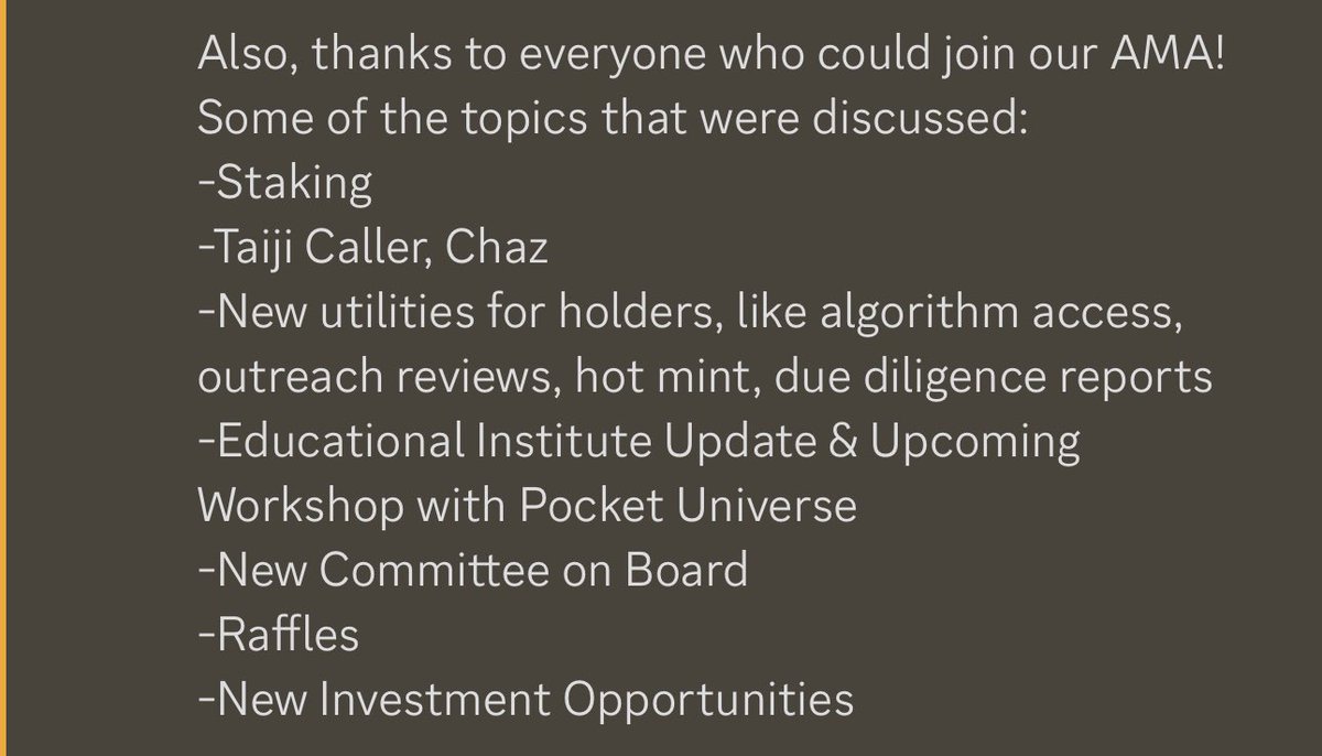 Our 2nd Biggest Raffle at <a href="/TaijiLabs/">Taiji Labs</a> Finally Concluded 🔥🚀

Many #TaijiLabs Holders Won Great Gifts Today Like. 

#Kubz
#memeland 
#TaijiKeys

And More 🔥🔥

Also Our Ama Went Great With A Lot Of Upcoming Info By @alexkongz @kovacs_kongz and Team. 

Staking Launched Too 🔥🔥