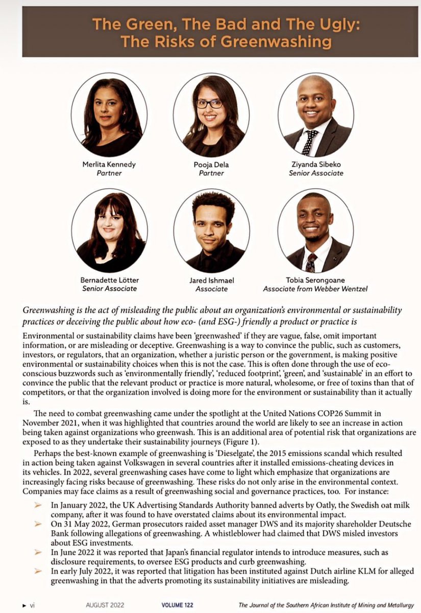 The Journal of Southern African Institute for Mining and Metallurgy published our article on Greenwashing <a href="/MerlitaK/">Merlita Kennedy</a> <a href="/DelaPooja/">Pooja Dela</a> <a href="/MiningRookie/">Tobia Fish Serongoane 🚜</a>. Link to article: webberwentzel.com/News/Pages/the…
