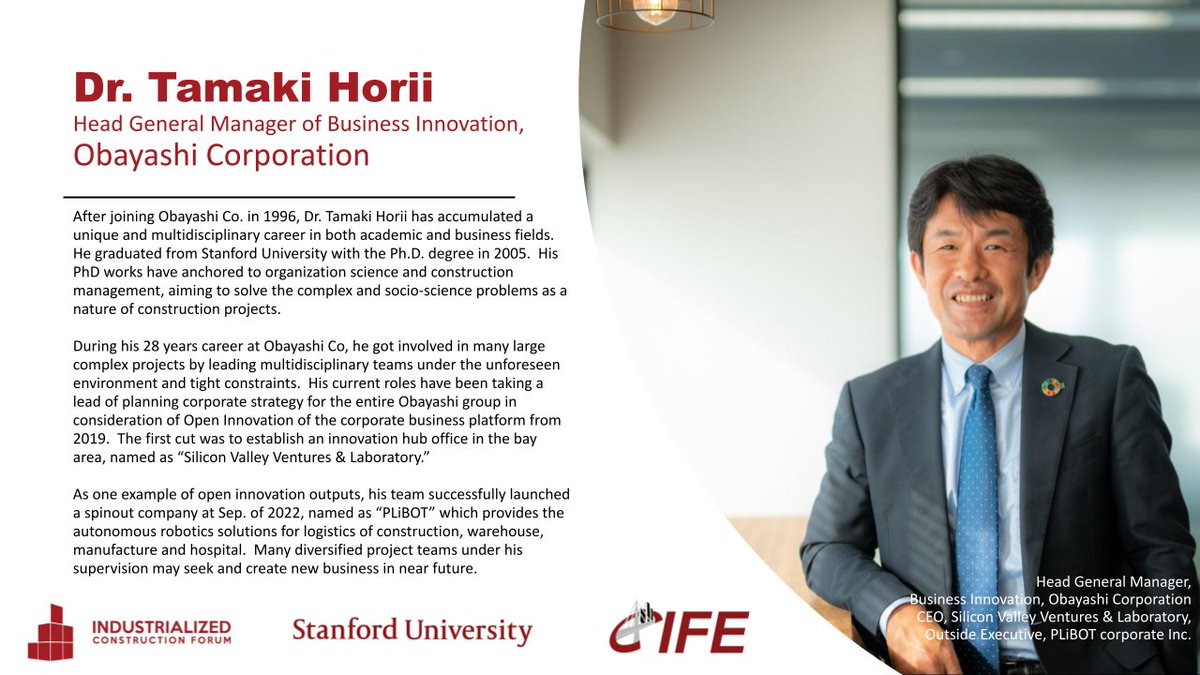Tamaki Horii, Head General Manager of Business Innovation at
Obayashi Corporation, will join us on February 7th 2023 at the Industrialized Construction Forum.
Read more about him and his work below!