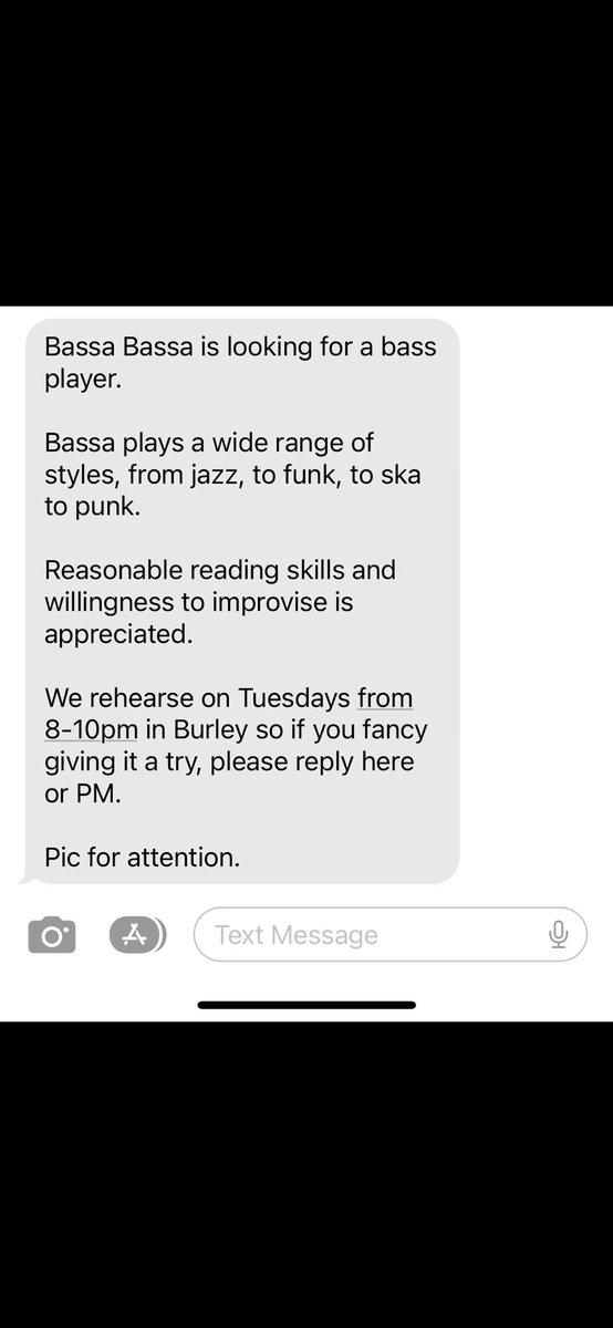 Bassa Bassa is looking for a bass player. We play a wide range of styles, jazz funk ska punk.

Reasonable reading skills and willingness to improvise is appreciated.

We rehearse Tuesdays 
8-10pm in Burley so if you fancy giving it a try, please DM.

Pic for attention. 😊