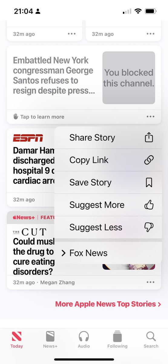 core's tweet image. .@Apple News is a good example for user interests being overturned by commercial interests. I don’t know what Apple promised publishers, but clearly, user interests are overruled. It doesn’t matter if you block FOX News. They shove it down your throat anyway. #UX #TerribleUX