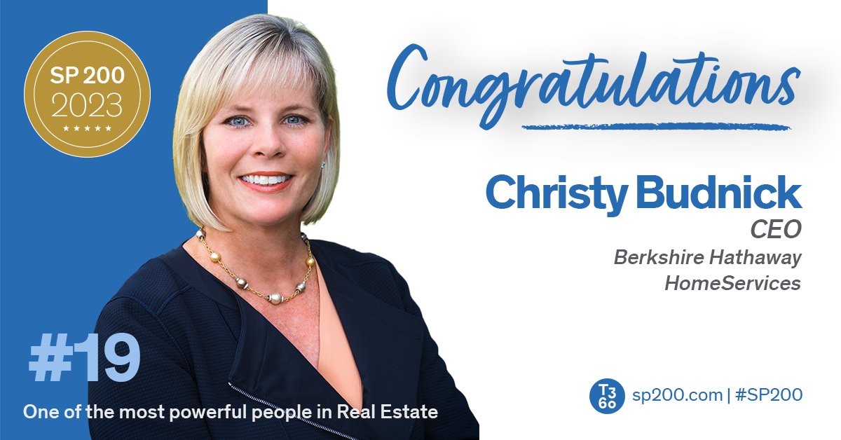 Congrats to <a href="/ChristyBudnick_/">Christy Budnick</a> CEO <a href="/BHHSRealEstate/">Berkshire Hathaway HomeServices</a> for your jump into the Top 20 of the #SP200 Most Powerful People in #RealEstate for 2023 – Well Done! CC: <a href="/HomeSvces/">HomeServices of Amer</a> <a href="/Swanepoel/">Stefan Swanepoel</a> @JackMiller <a href="/kellywhite/">kellywhite</a> Full list at sp200.com