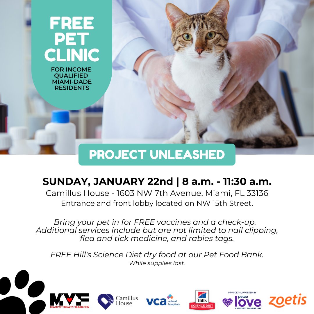 CamillusHouse's tweet photo. We're looking forward to the first #ProjectUnleashed of the year and serving the downtown/Overtown community of pets. Bring your #furbabies to the next #free pet clinic on January 22nd, starting at 8am. Practicing veterinarians and vet techs in training help make this possible!πΎ https://t.co/Sef1jenuNN