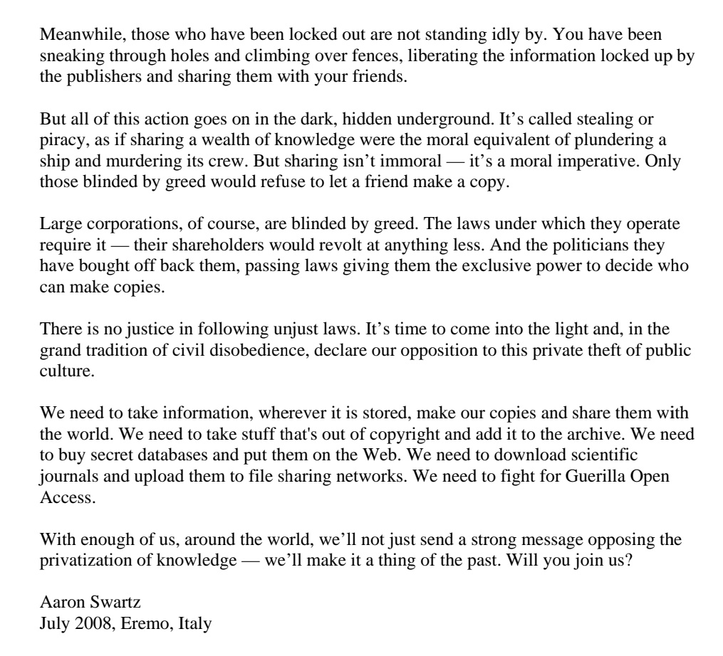 Raees_Noorbhai's tweet photo. TW: Suicide
A decade ago, Aaron Swartz took his own life, after being persecuted by US prosecutors and even MIT.

Strip-searched and put in solitary confinement. The crime: downloading millions of papers from behind a JSTOR paywall.
Total open access is justice for Aaron🖤✊🏾 https://t.co/LdtFdd35Va