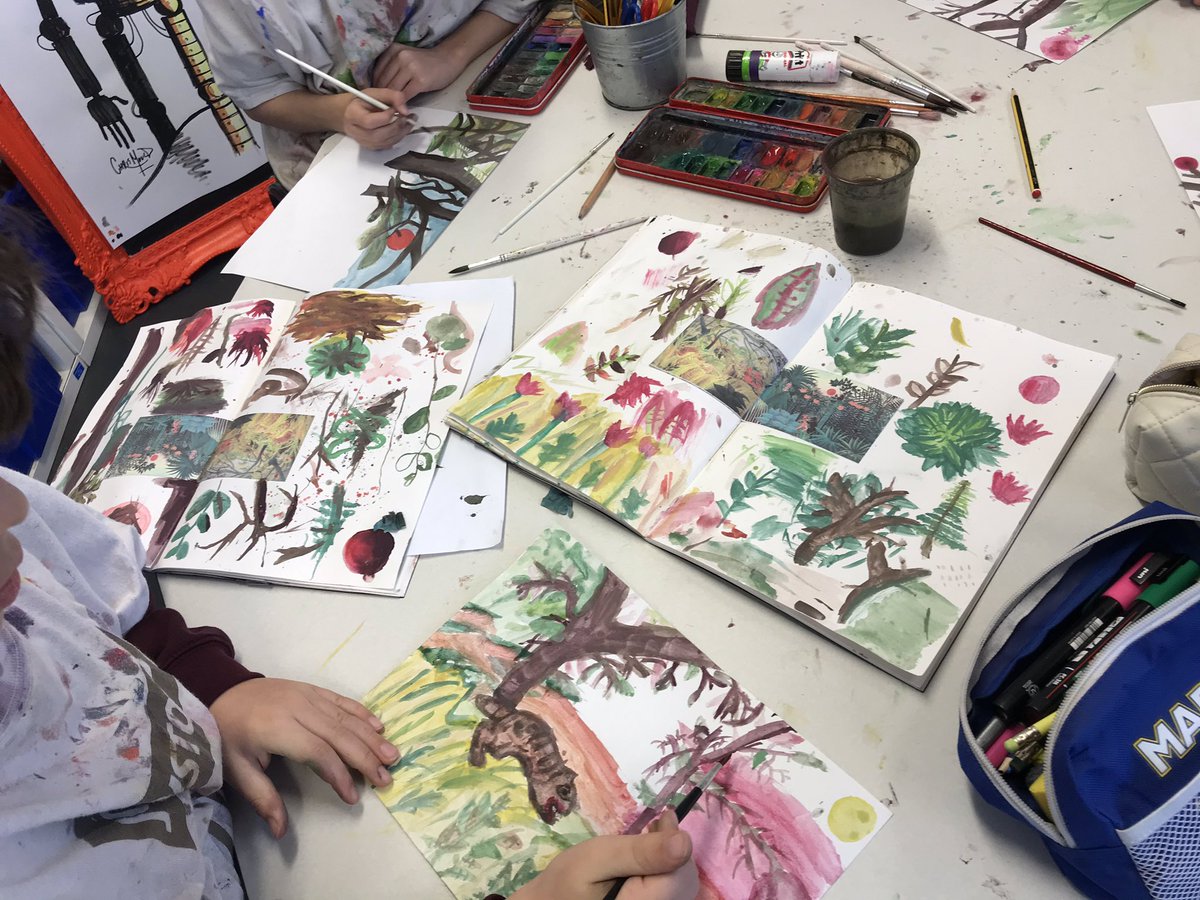 GomersalArt's tweet photo. Y5 have used the work of #HenriRousseau as inspiration, during our #watercolour development session. We have learnt how to select and mix appropriate colours and have considered different brush strokes. How do you use the same brush to create thick and thin marks? #KS2painting https://t.co/L6joNpZzXE