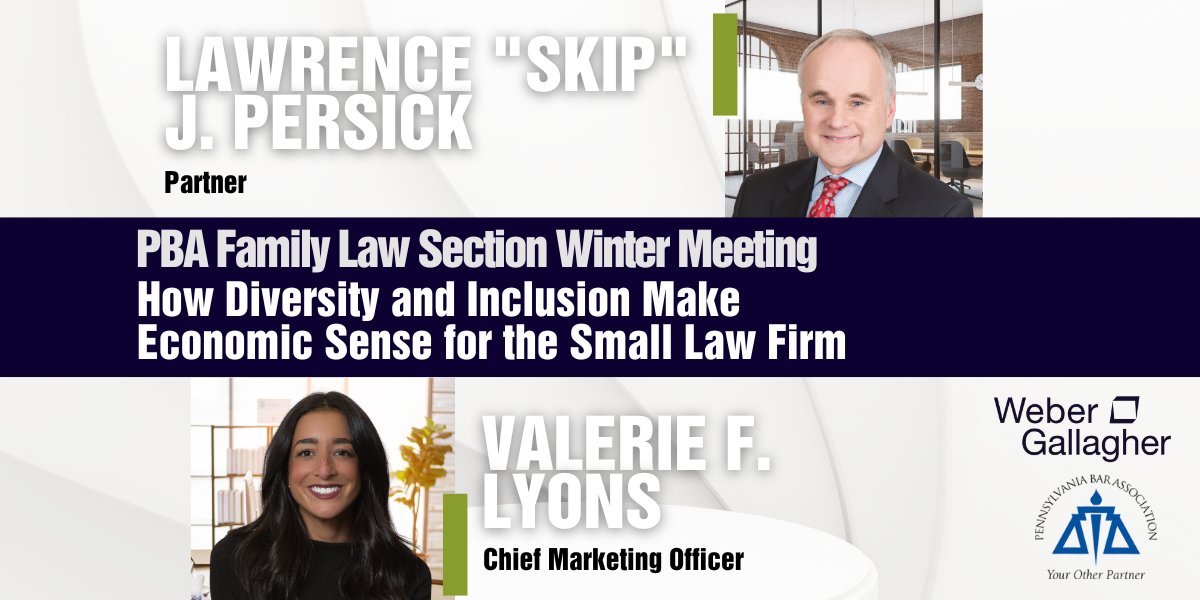 Headed to the @pabarassn’s #FamilyLaw Section Meeting at @TheHotelHersey? Don't miss the “How Diversity and Inclusion Make Economic Sense for the Small Law Firm” session led by partner, Skip Persick. He will be joined by our CMO, <a href="/NoteFromValerie/">Valerie Lyons</a>. pabar.org/public/section…