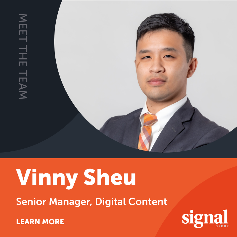 signalgroupdc's tweet photo. At Signal, Vinny Sheu works with his clients to cut through the noise on social media and develop engaging content that tells their stories. Read more in his #SignalSpotlight here: