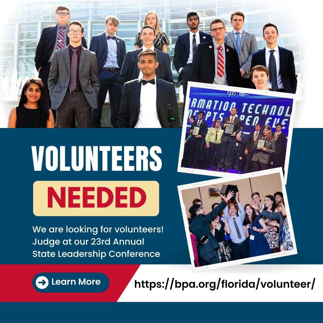 Looking to inspire emerging leaders and business professionals?  Florida BPA has the best opportunity for you on February 24-25, 2023 in Orlando, FL. Serve as a volunteer judge for our competitive events program.

Register: bit.ly/3QvU4xA