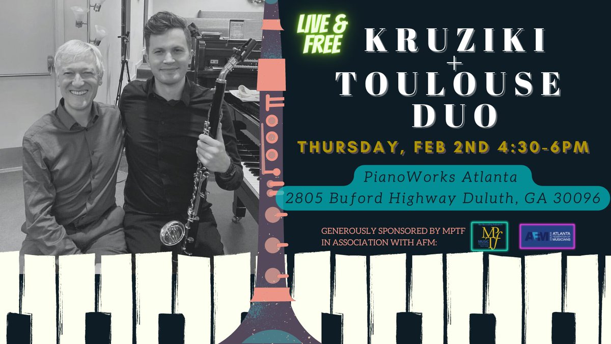 Piano + Clarinet concert Feb. 2nd at PianoWorks. pianoworks.com/concerts-at-pi…  Kruziki + Toulouse. Free in person or Livestream!