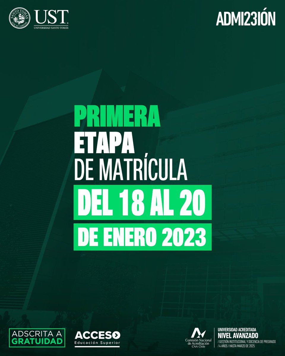 SantoTomas_PM's tweet photo. Si postulaste a la #UST, y necesitas saber cuándo, cómo y dónde matricularte, te recordamos nuestras fechas claves del proceso y las  de las etapas de matrículas para el 2023 🗓️

https://t.co/bcyaNoadbc https://t.co/ZAI1BZ9QCI