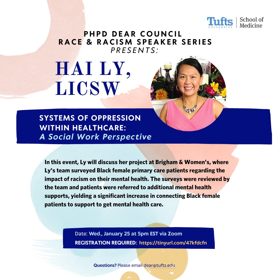 TuftsMedSchool's tweet photo. Students, join the Public Health &amp; Professional Degree Programs DEAR Council's next Race &amp; Racism Series event, "Systems of Oppression within Healthcare: A Social Work Perspective," on Jan. 25 at 5pm EST via Zoom. Register at https://t.co/XBcEGD3Ch5. https://t.co/7HJQQ6heMi