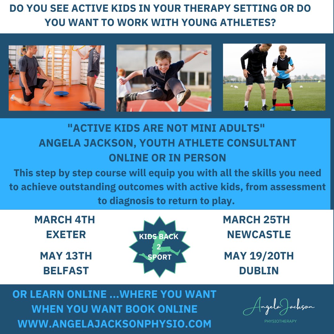 angiejphysio's tweet photo. ACTIVE KIDS ARE NOT MINI ADULTS - IN PERSON OR ONLINE. 2023 DATES FOR LIVE COURSES NOW OUT
Achieve outstanding outcomes with active kids, from assessment to diagnosis to return to play. 
EXETER: 4TH MARCH
NORTH SHIELDS: 25TH MARCH 
NORTH DOWN BELFAST: MAY 13TH
DUBLIN: MAY 19/20TH https://t.co/p2EEKDj7Dv