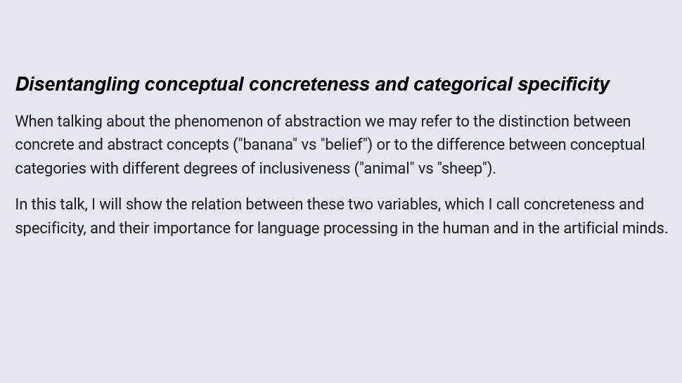 MassimoSt's tweet photo. Complexity and Cognition 23 #CompCog23 will feature 3 great keynote talks.
Prof. Marianna M. Bolognesi @MariannaBolog will talk about the intriguing complexity of modeling abstract/concrete words in language processing.
👇
#AcademicTwitter 
More here:
https://t.co/IIfXbfILLs https://t.co/tMMpj7TMT0
