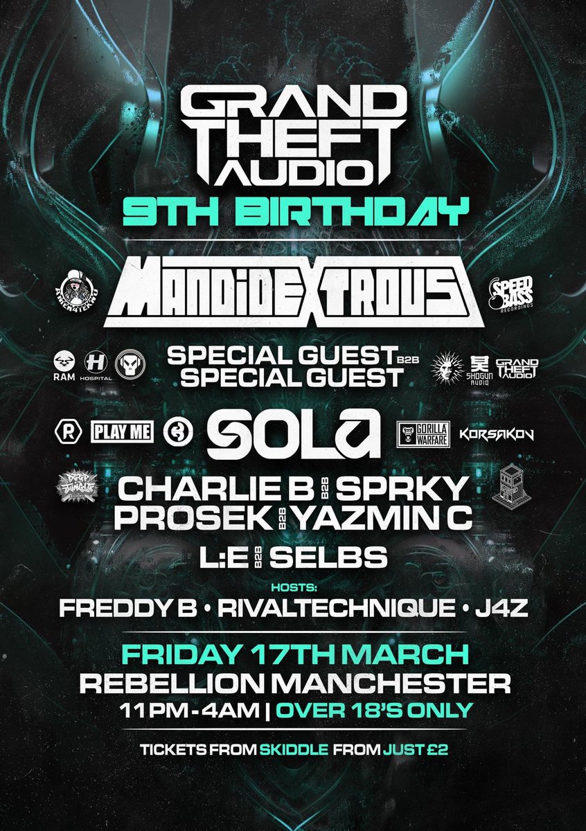 @GTARecords 9th birthday at Rebellion Manchester March 17th. Tickets from £2 - skiddle.com/whats-on-beta/… #dnb #manchester