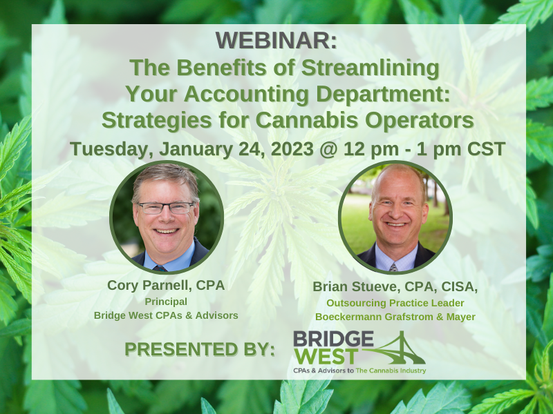 Join us for our next #webinar on Tuesday, January 24 @ 12 pm CST, to learn about The Benefits of Streamlining Your #Accounting Department: Strategies for #Cannabis Operators. 

bridgewestcpas.com/cannabis-news/…