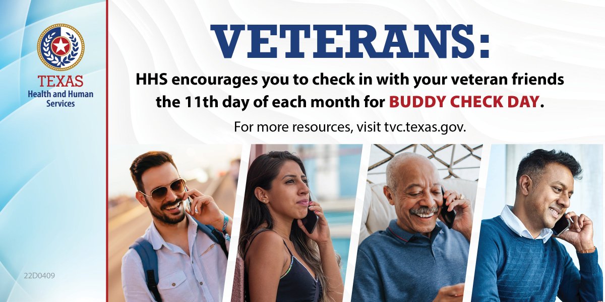 #TeamTexasHHS encourages you to check in with your Veteran friends today and the 11th day of each month for #BuddyCheckDay.

Learn more at: tvc.texas.gov 

@TexVet 

#AboutFace #MoreThanEverBefore #BeThere #MakeTheConnection