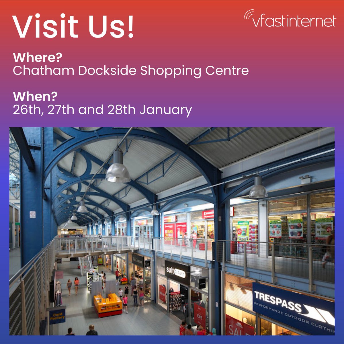 Our very own Wayne O’Shaughnessy will be at the Dockyard Centre in #Chatham on 26th-28th of January to discuss all things ultra-fast broadband. 

Wanting to switch providers? Visit Wayne to find how Vfast can exceed your broadband expectations. 

#Vfast #ChathamDockyard